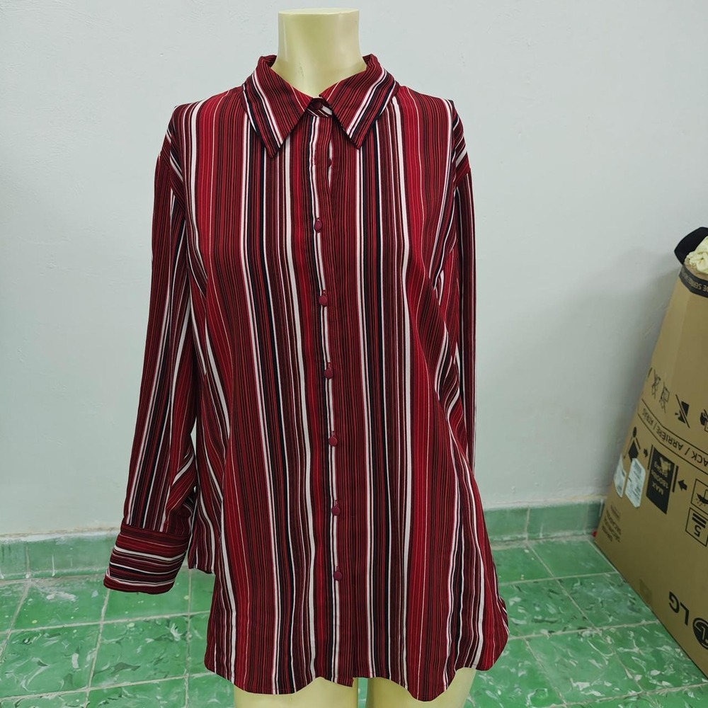 East 5th Red Striped Button Up Blouse Womens 1X XL Long Sleeve Preppy Officewear